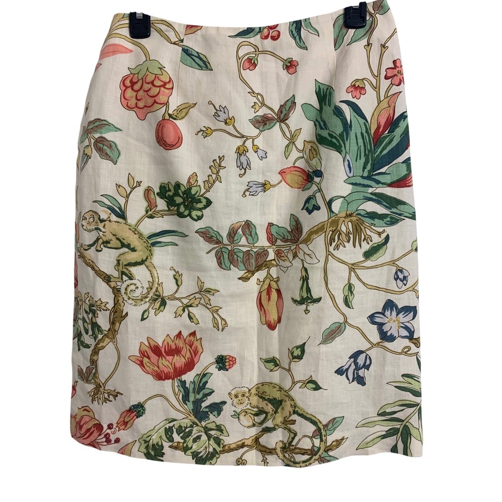 Silk Club Collection Linen Monkey Botanical Beaded Pencil Skirt Cream Size 8